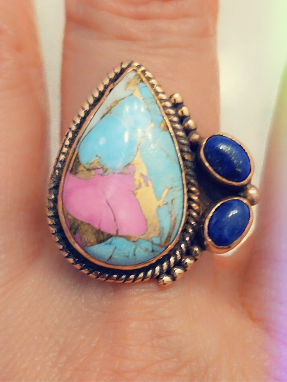 TURQUOISE COTTON CANDY OYSTER LAPIS GEMSTONE RING, IN COPPER, ADJUSTABLE SIZE